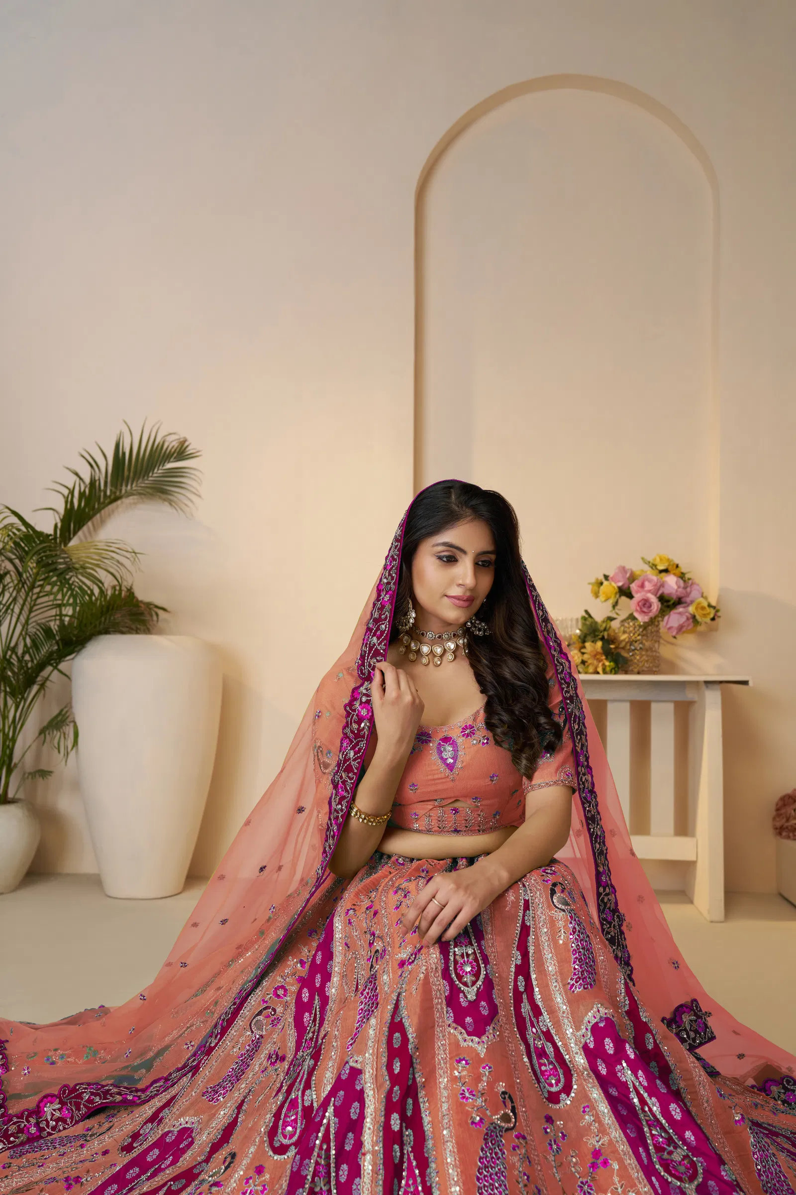 Kf-484-Orange Banarasi Silk Embroidered Lehenga Choli Suppliers In India